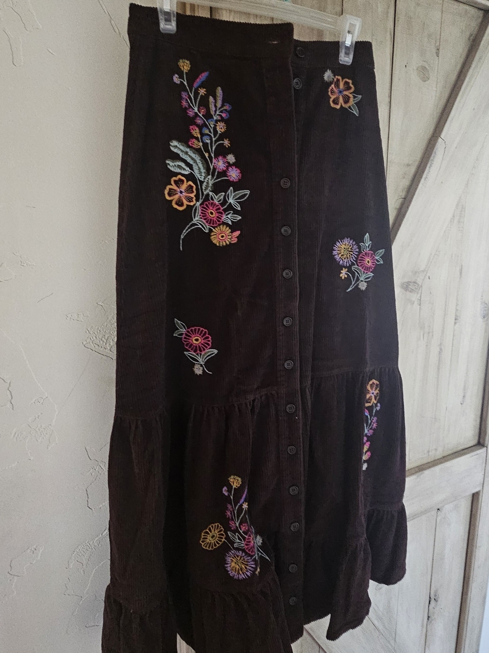 NATURAL LIFE Brown Embroidered Tiered Corduroy Maxi Skirt